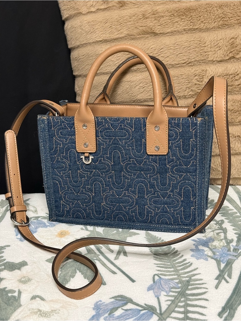 True Religion Y2K Chic Denim Mini Horseshoe Monogram Tote Crossbody